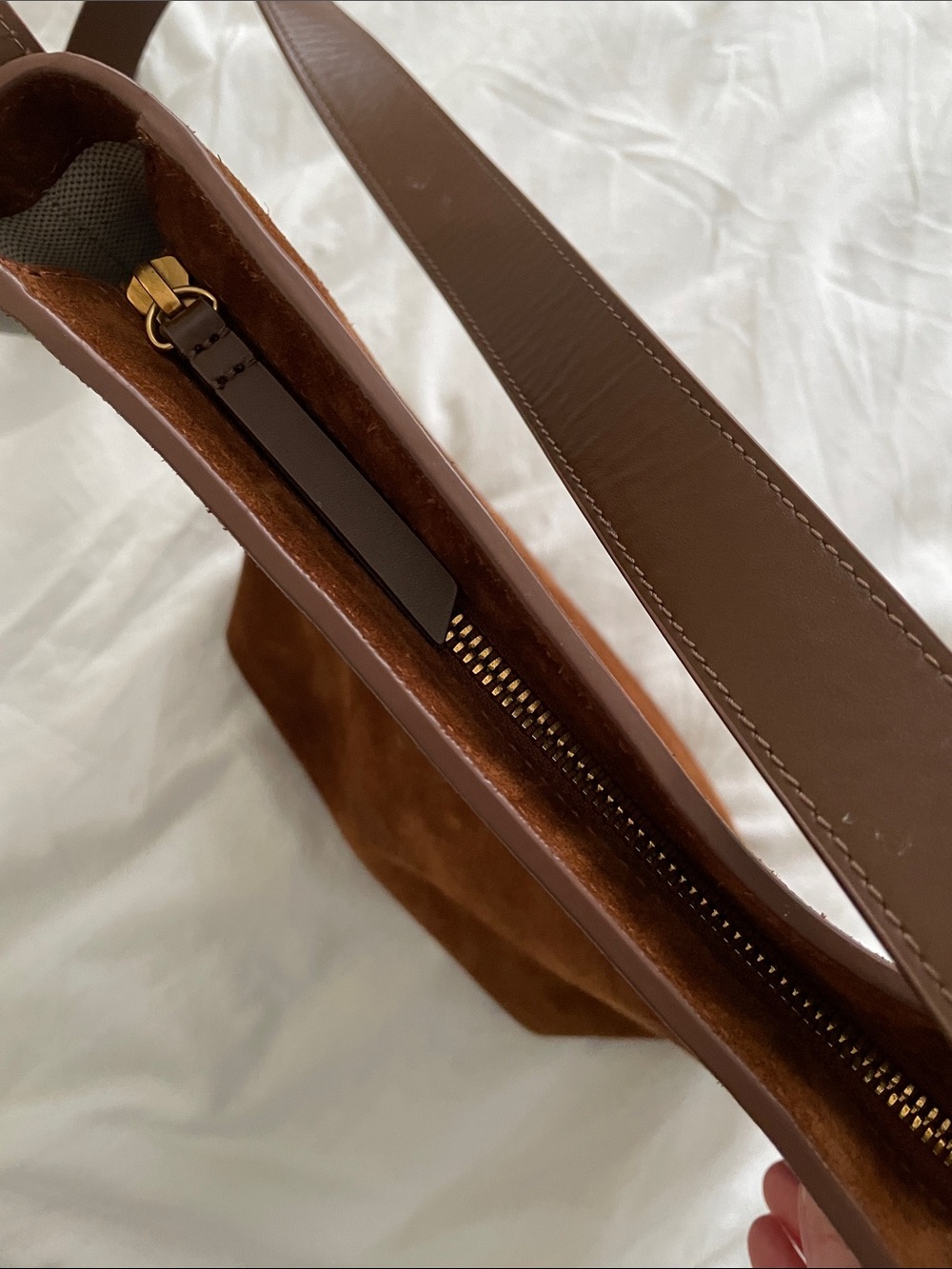 Quince Italian Suede Crossbody Bucket Bag in Whiskey Brown - Picture 6 of 14